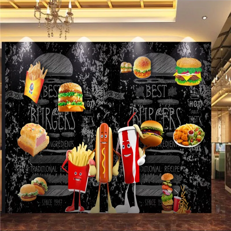 Food Snacks Background - カスタムハンバーガーホットドッグパンフライドポテト壁紙ファーストフードレストランスナックバー背景産業装飾壁画Papel De Parede